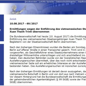 Thông cáo báo chí của Tổng Công tố viên Liên bang Đức – Trịnh Xuân Thanh bị bắt cóc nhốt trong Đại sứ quán Việt Nam ở Berlin