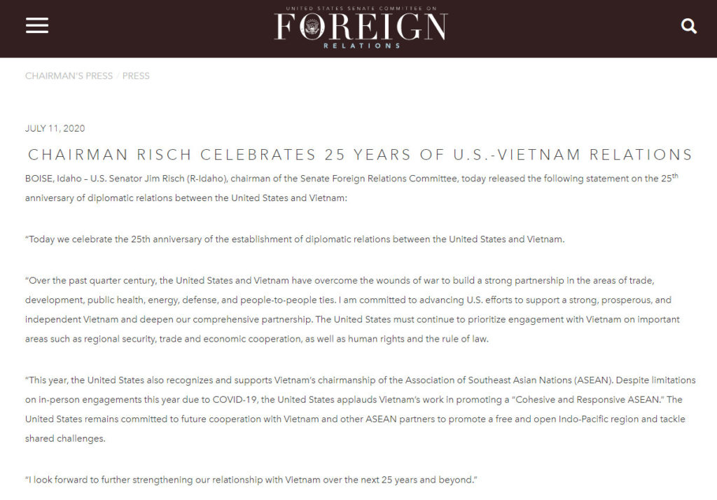 Tuyên bố của TNS Jim Risch nhân dịp kỷ niệm 25 quan hệ Mỹ - Việt.