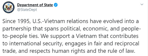 Twitter của Bộ Ngoại giao Hoa Kỳ nhân dịp kỷ niệm 25 năm quan hệ Mỹ - Việt. 