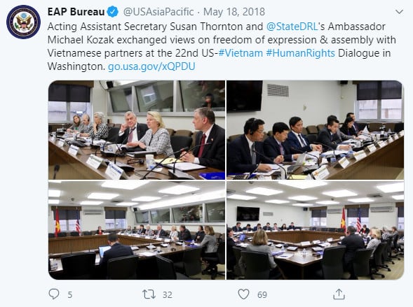 Đối thoại Nhân quyền Việt Nam - Hoa Kỳ lần thứ 22 tại thủ đô Washington, Hoa Kỳ, ngày 17/5/2018. Twitter EAP US Department of State