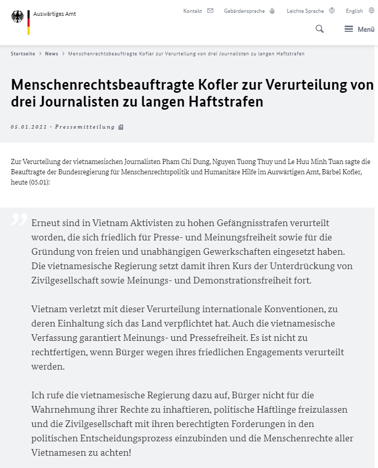 Bộ Ngoại giao Đức lên án nhà cầm quyền Việt Nam vì kết án tù 3 nhà báo -  Thời báo