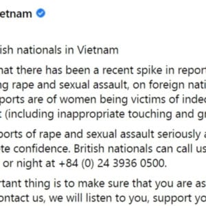 Đại sứ quán Anh: Số vụ tấn công, hiếp dâm người nước ngoài tăng ở Hà Nội