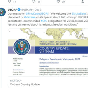US puts Vietnam on “Special Watch List” for violating religious freedom